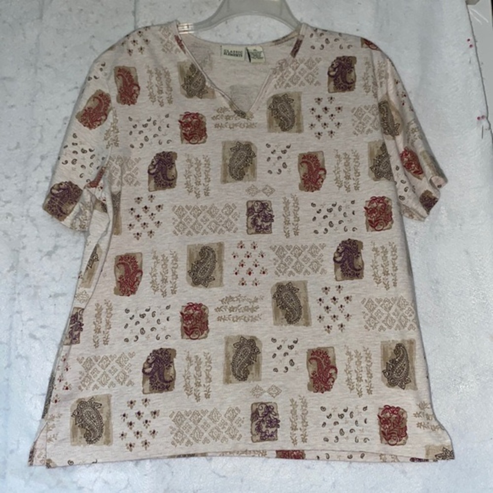 Classic Elements Paisley Floral Casual Short Sleeve Split Crew Neck Tee Size XL